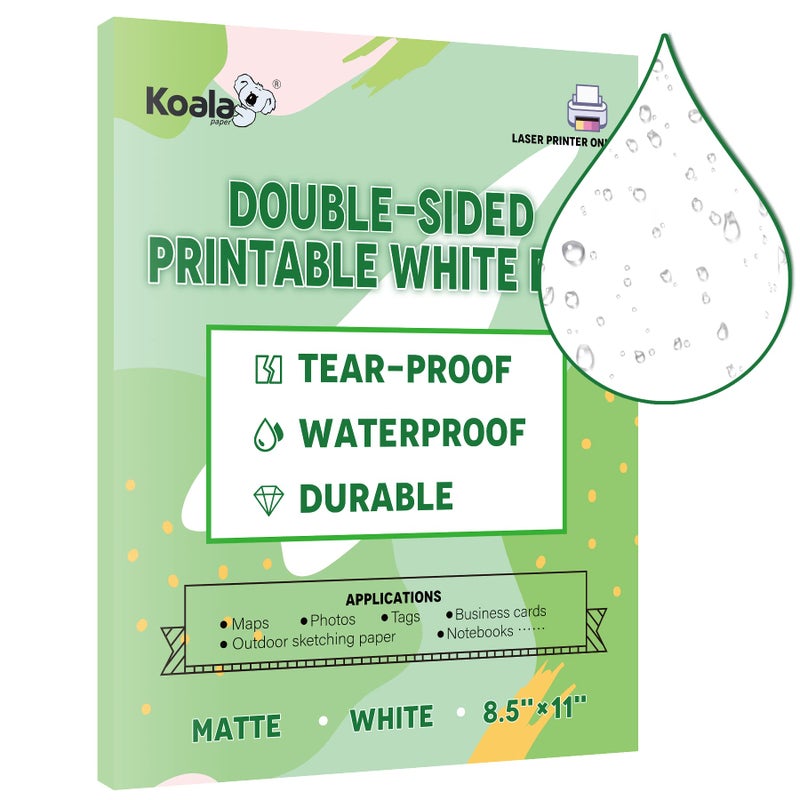 KOALA PAPER Koala Waterproof Paper for Laser Printer, Tearproof Printer Paper, Matte Double Sided Printable White Film 8.5x11 In 25 Sheets For Printing Backpacking Maps - Image 1